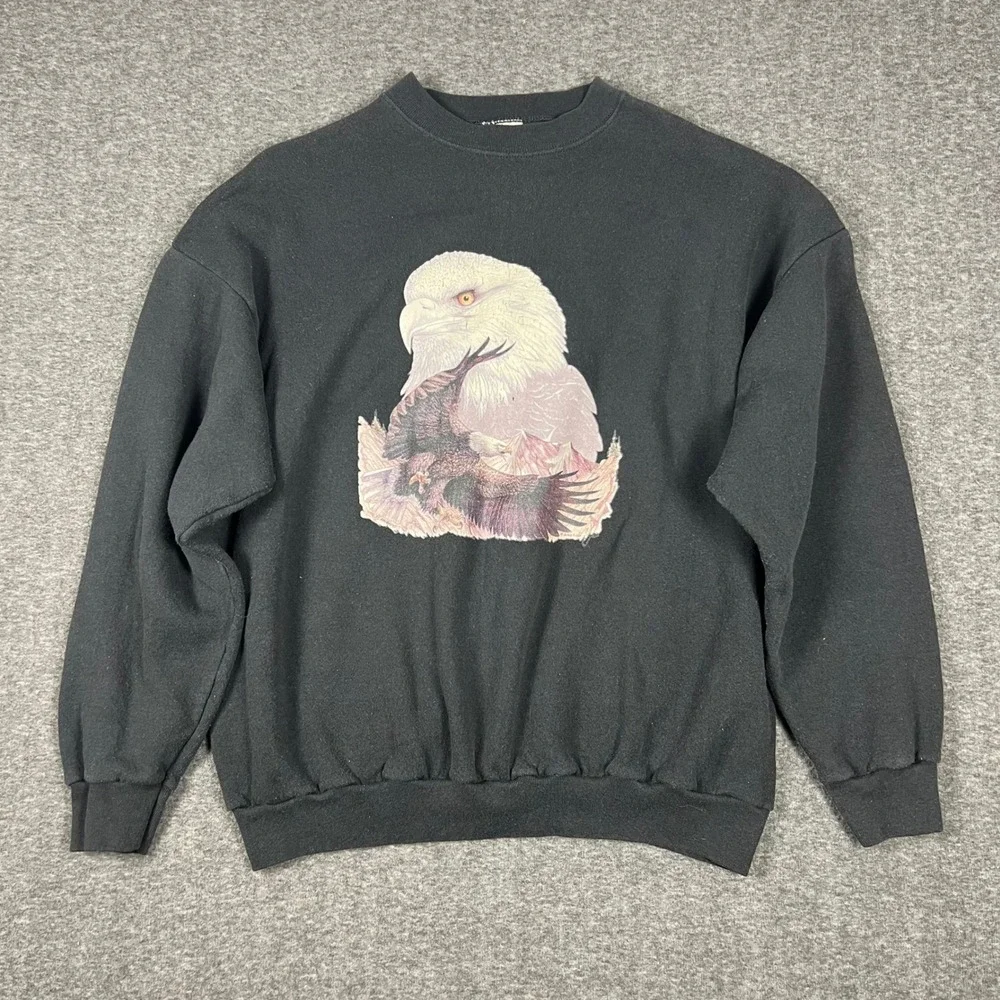 Vintage American Bald Eagle Sweatshirt Mens XL Black Crew Neck Single Stitch